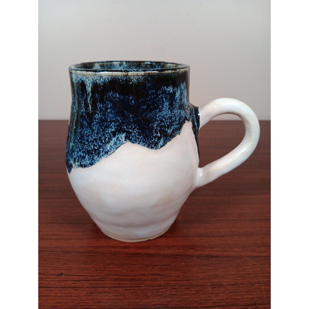 Hand Thrown Pottery Drip Interior Mug Cup Blue Black White Signed Original